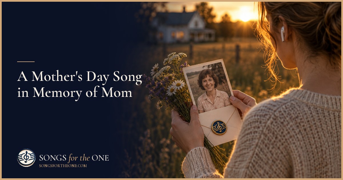 An adult daughter holding her mother's photograph beside a small vase of flowers and headphones at a kitchen table