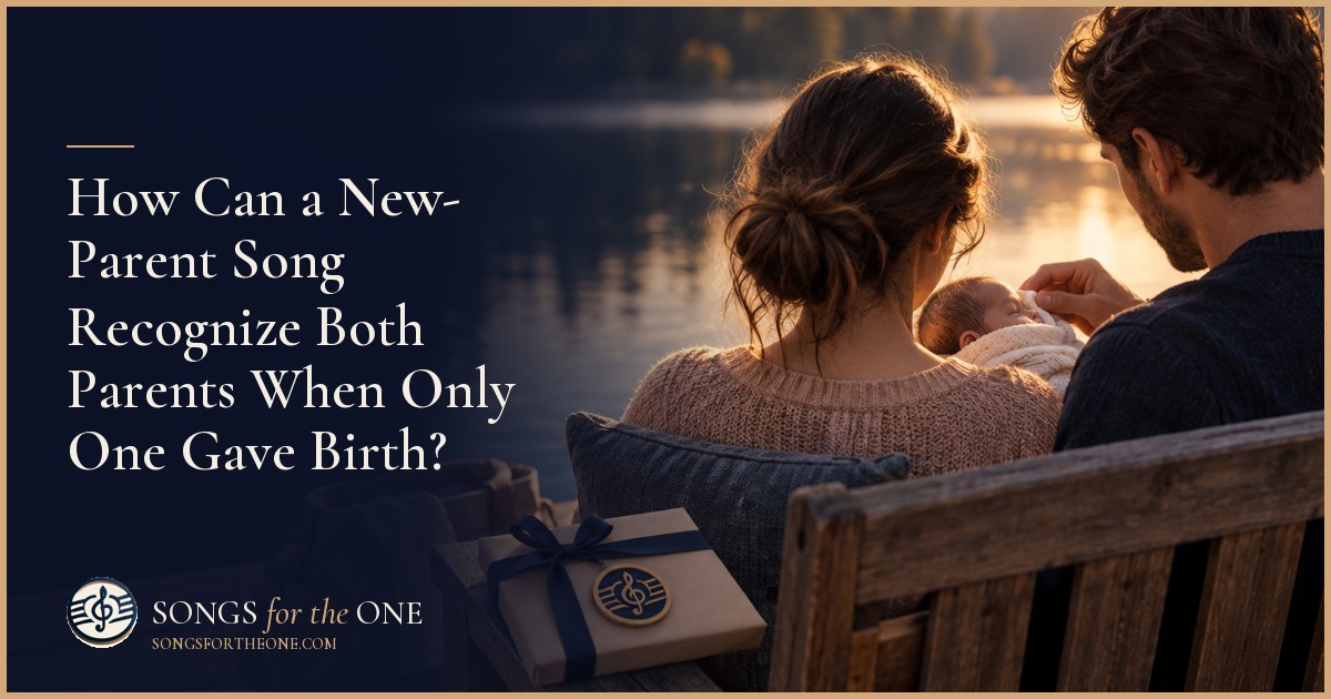Two new parents on a sofa, one resting with a newborn while the other brings a meal and settles beside them.