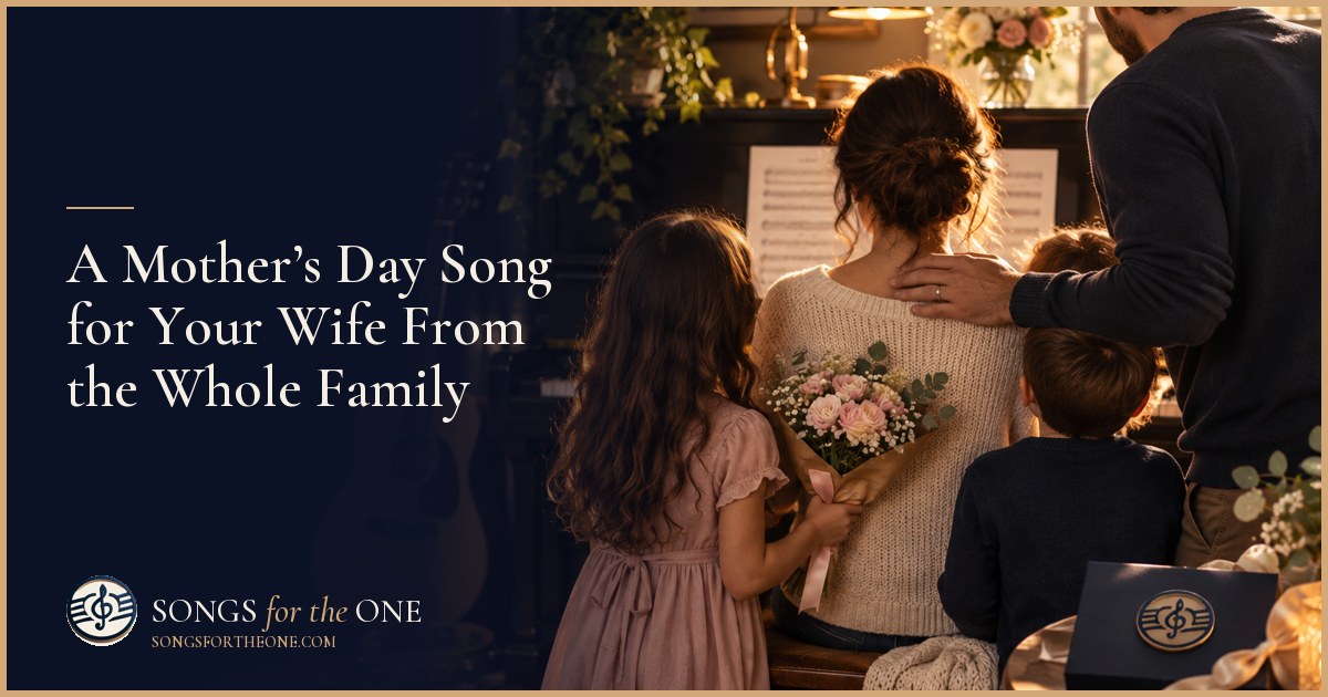 Mother listening with headphones beside her husband and children at a breakfast table with flowers and handmade cards