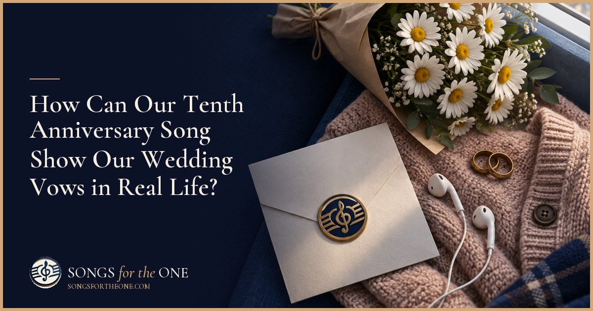 Couple at a kitchen table looking through wedding keepsakes beside two mugs and a well-used recipe book.