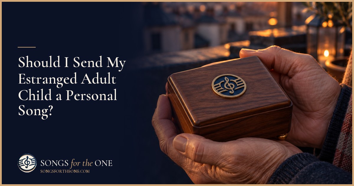 Parent sitting at a kitchen table beside a closed notebook and an unwrapped gift box, pausing before making contact.