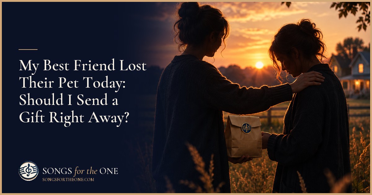 A friend leaving a covered meal and flowers at a doorstep while another person sits inside beside an empty pet bed.