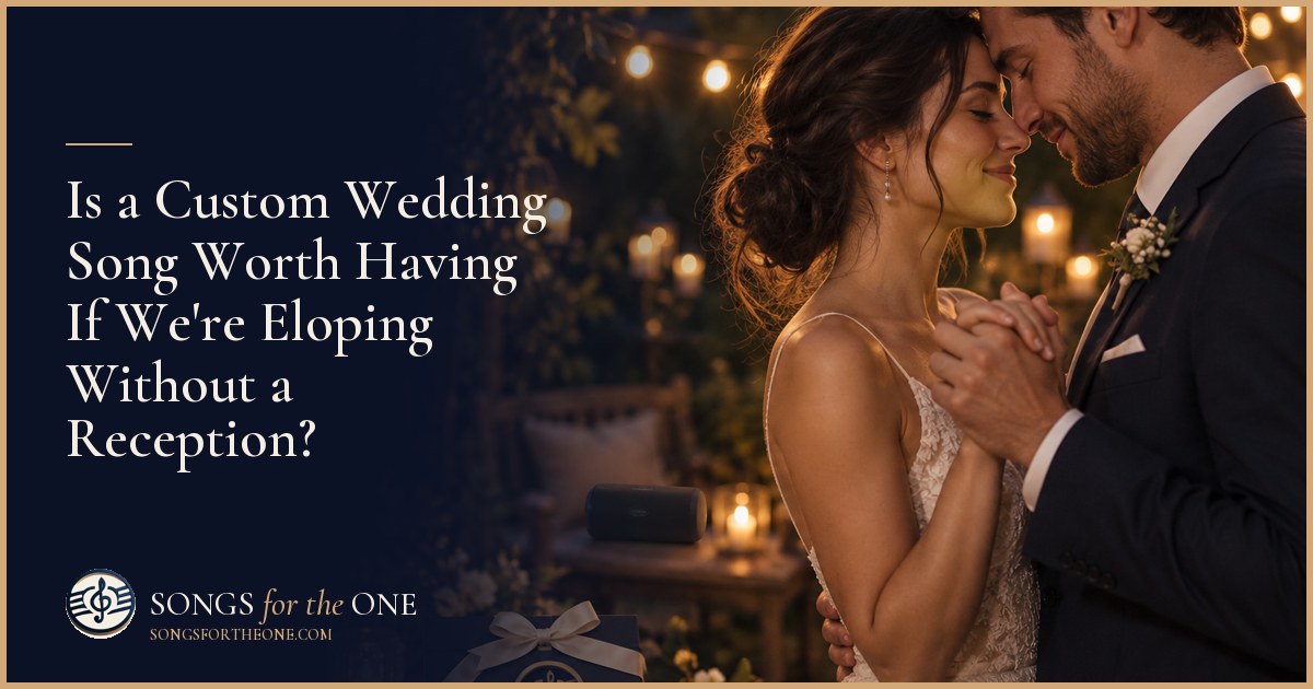 An eloping couple sharing a quiet first dance on a cabin porch beside a small speaker and wedding bouquet.