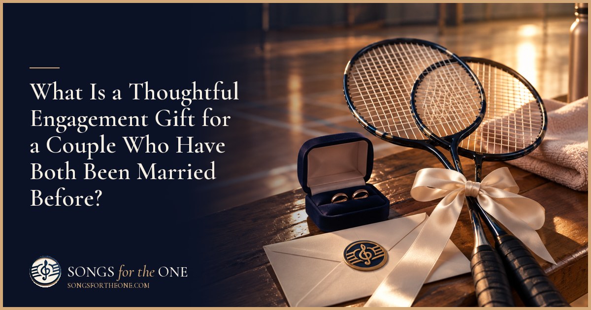 Guest giving a wrapped engagement gift to a couple beside a dining table set for a small celebration