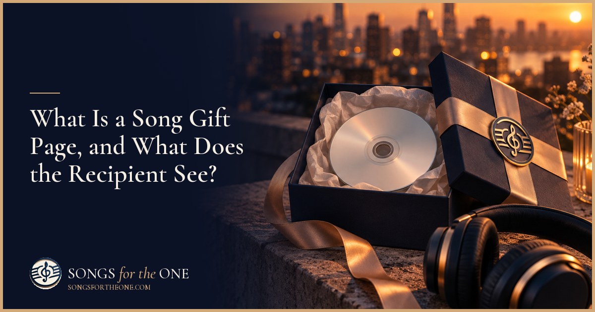 Person sharing a song gift link on a phone beside wrapped headphones and a handwritten card at a kitchen table.