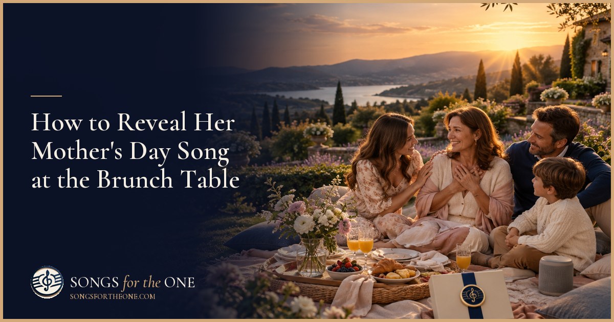 Family gathered around a Mother's Day brunch table as a mother listens to her song beside a small speaker and spring flowers.