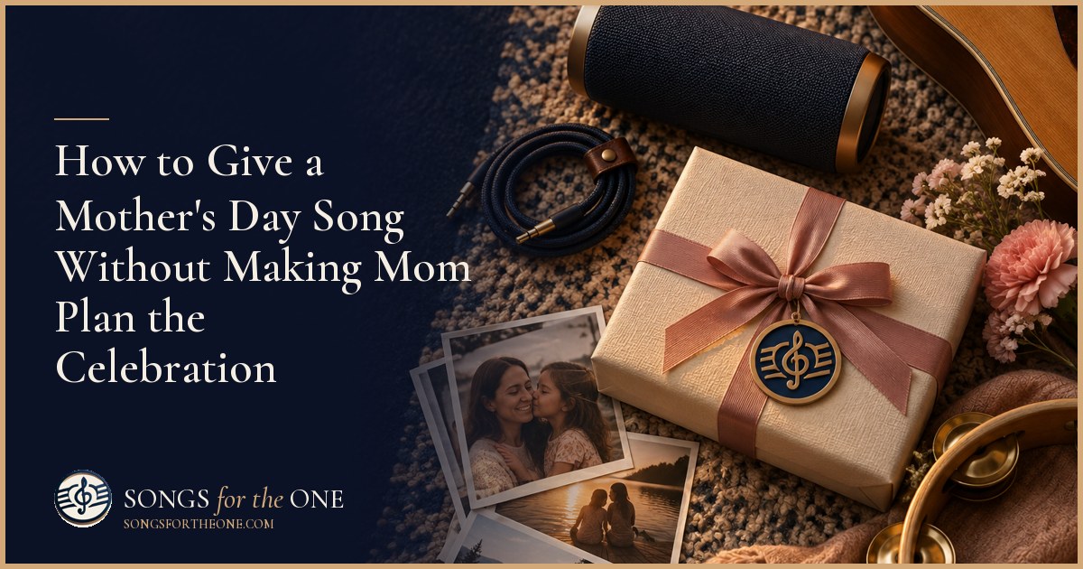 Adult child setting a small Mother's Day breakfast table with flowers and a speaker while Mom relaxes by the window