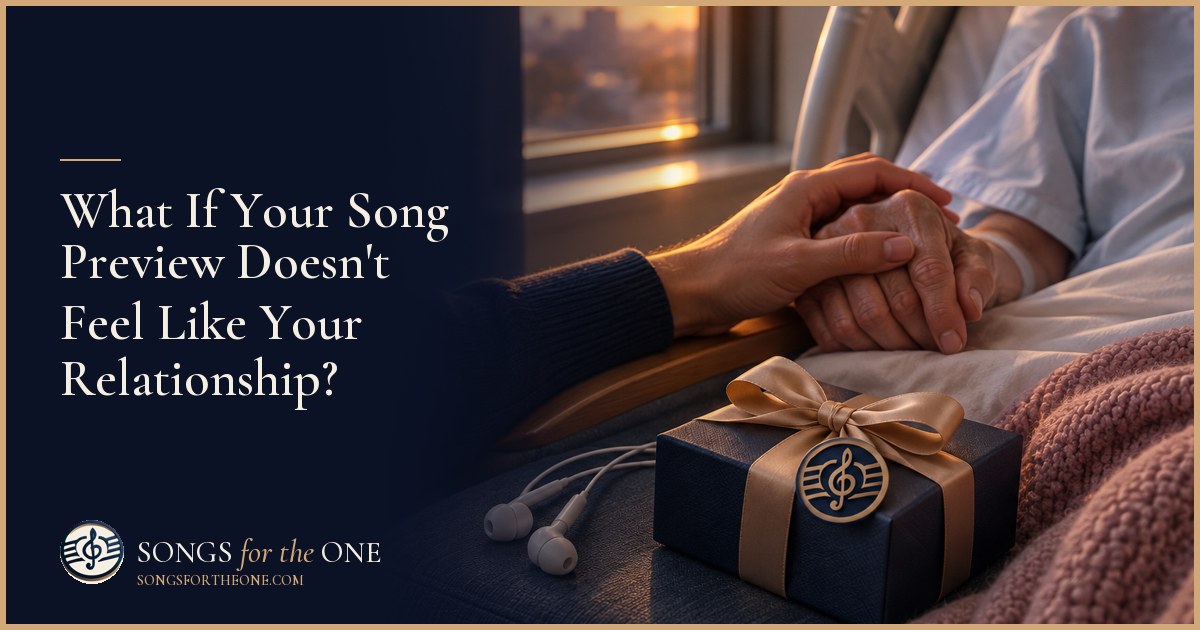 A person pauses a song on headphones and compares handwritten memory notes beside a wrapped gift and a clock.