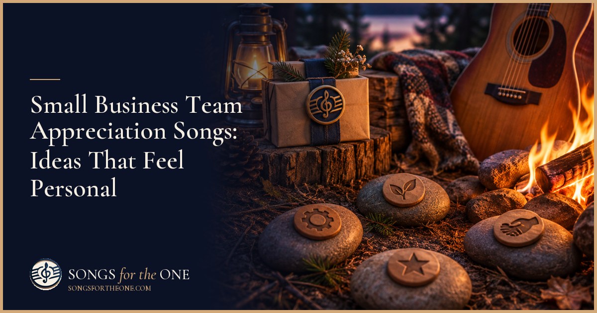 Small business owner thanking a close-knit team around a break-room table with a speaker, refreshments, and handwritten cards