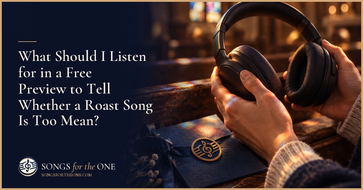 Person pausing a song preview on headphones while reviewing handwritten notes beside a wrapped birthday gift.