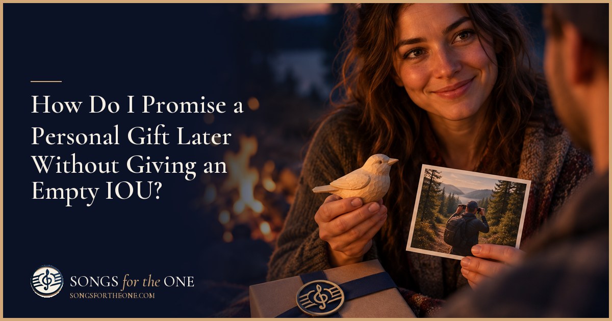 Person handing a small envelope to a loved one beside a childhood photograph and a wrapped keepsake at a kitchen table.