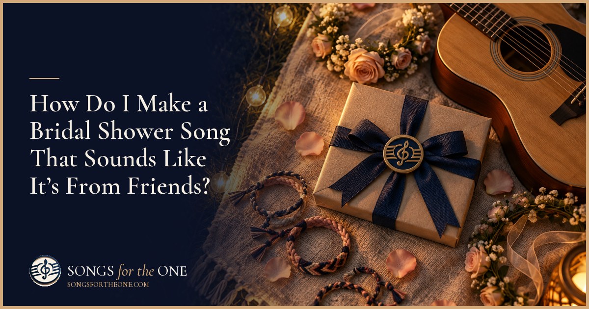 Friends gathered around a kitchen table with bridal shower decorations, choosing memories for a song for the bride.