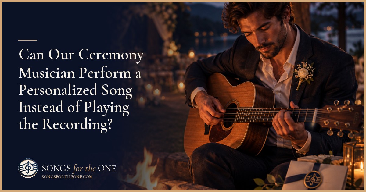 Couple discussing a wedding song with a pianist beside an acoustic guitar and sheet music in a ceremony venue