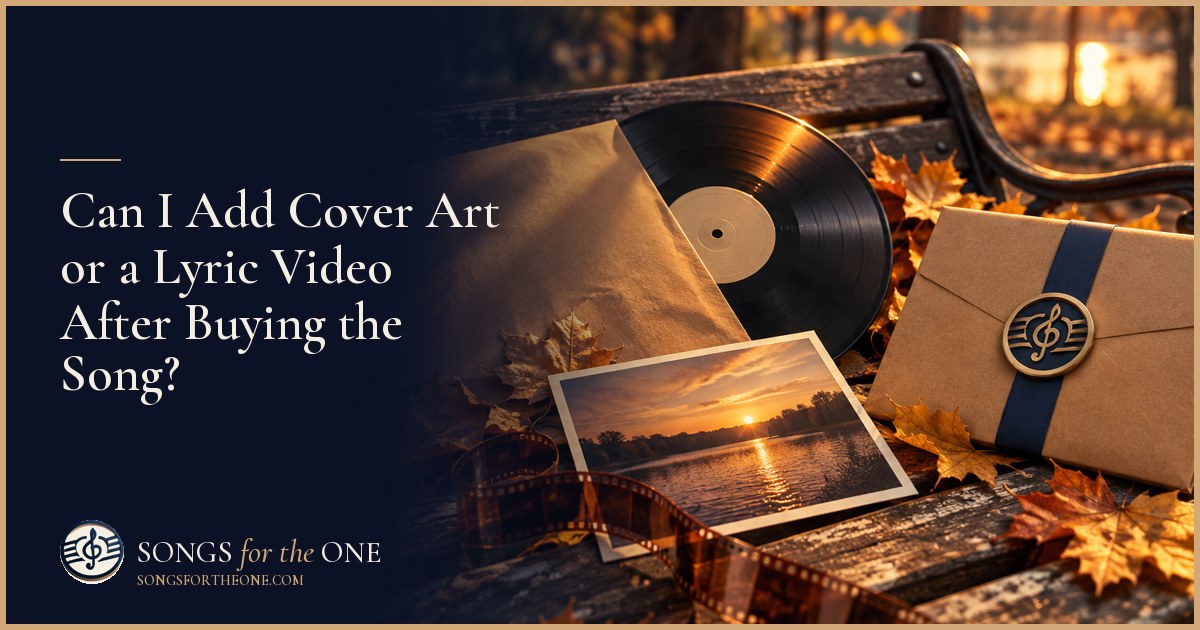 Gift giver arranging a printed cover image and headphones beside a wrapped present, with a laptop showing an abstract music waveform.