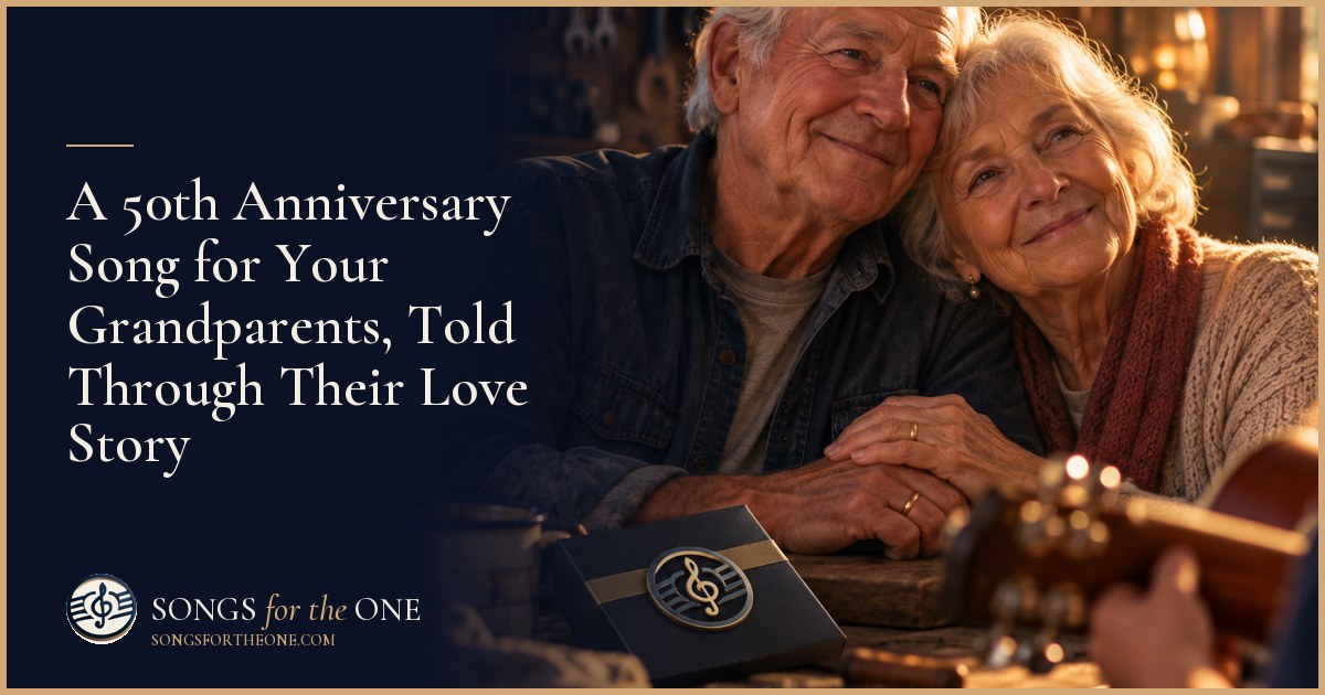 Grandchildren and adult children gathered around an anniversary couple with a wedding album and a small speaker on the table