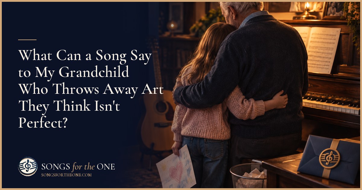 Grandparent sitting beside a grandchild at an art table with an unfinished drawing, colored pencils, and a crumpled sheet nearby.