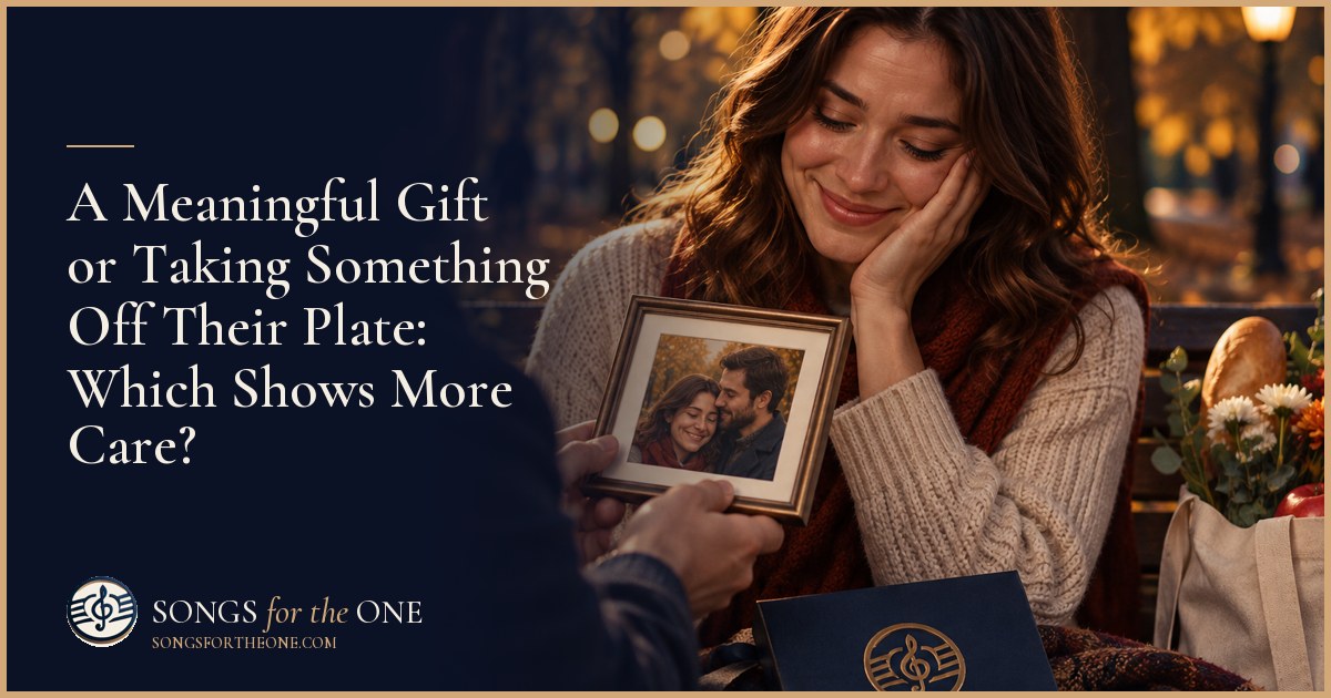 One adult resting at a kitchen table with a small wrapped gift while another packs lunches beside a cleared counter.