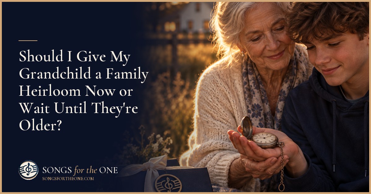 Grandparent and grandchild looking at an old pocket watch in its open case beside a family photograph at a kitchen table.