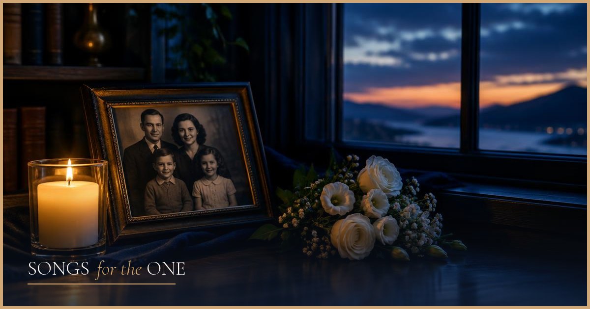 A framed family photo beside a candle and white flowers at dusk