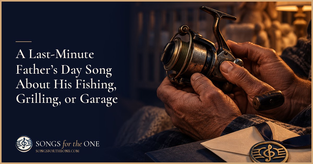 Adult daughter sitting beside her father in his open garage, with a fishing rod, tackle box, and backyard grill nearby
