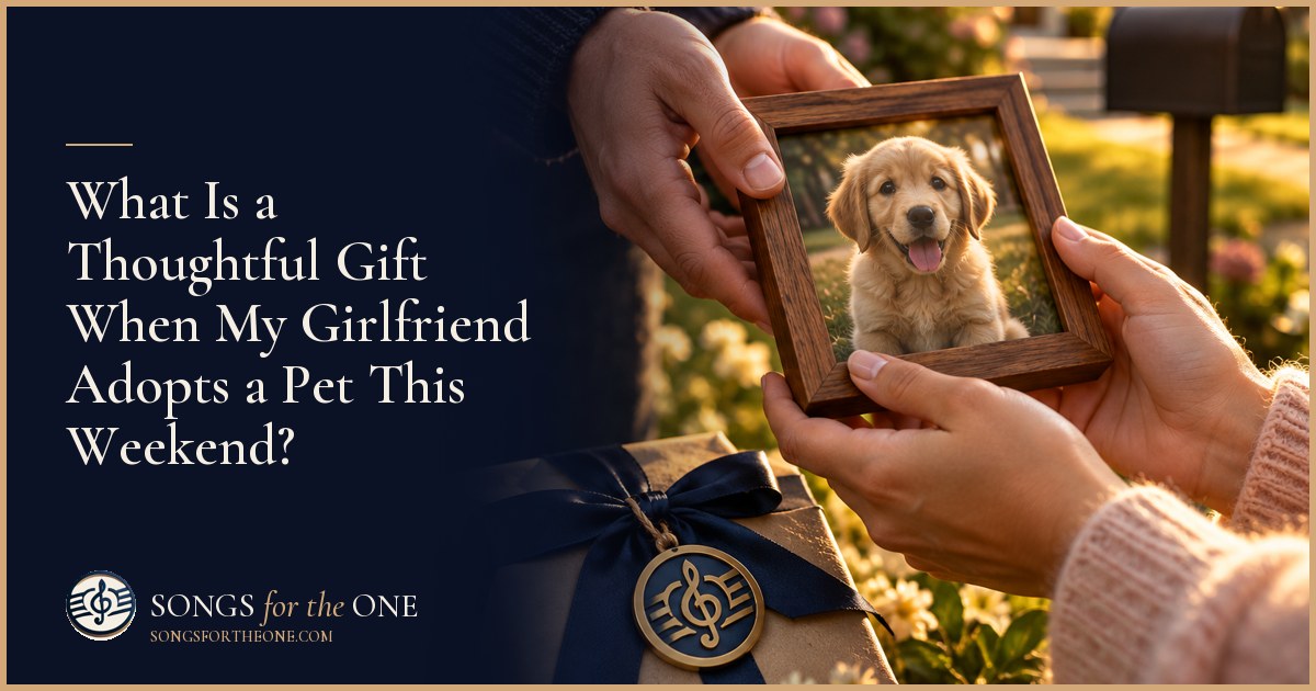 Partner giving his girlfriend a small wrapped keepsake as she sits beside her newly adopted dog in a quiet living room.