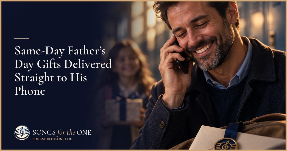Father sitting at a kitchen table with headphones on, holding his phone beside a Father’s Day card and a mug of coffee