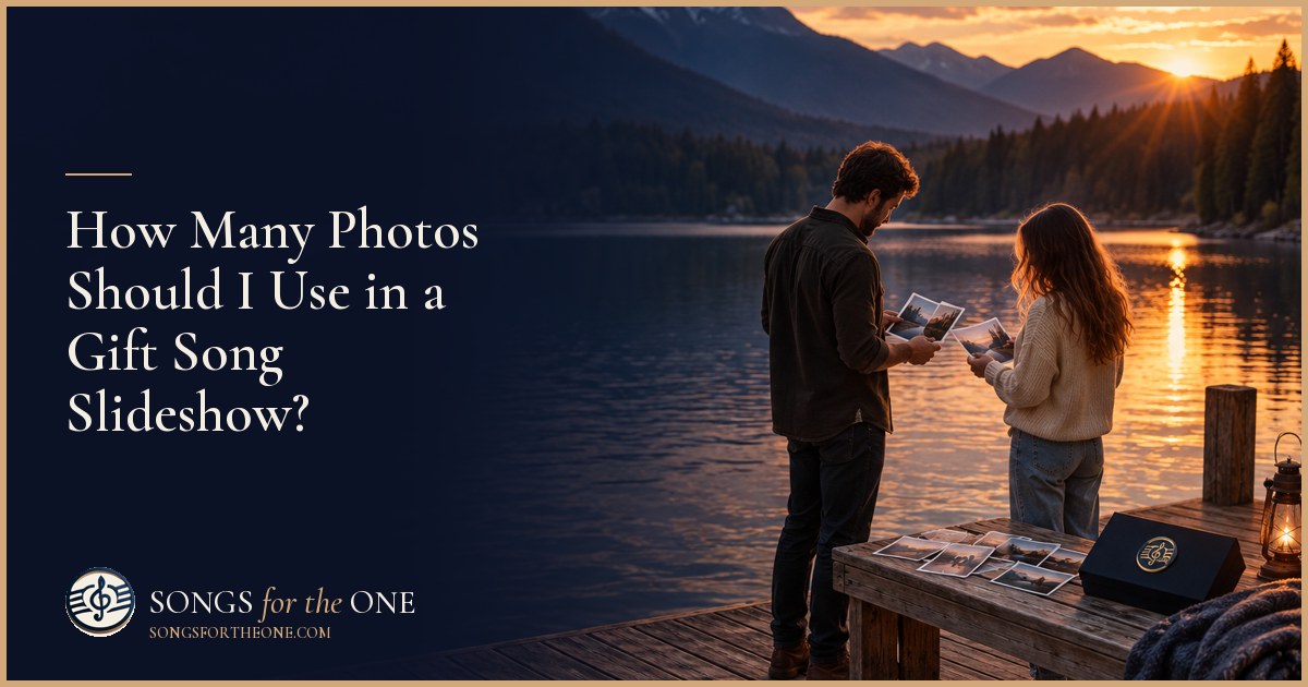 Person arranging family photographs beside a laptop with a simple slideshow timeline, setting one meaningful portrait apart.