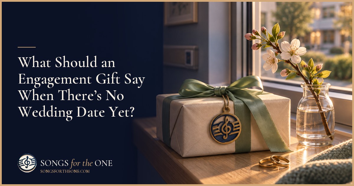 A guest hands a small wrapped engagement gift to a couple sharing coffee at their kitchen table.