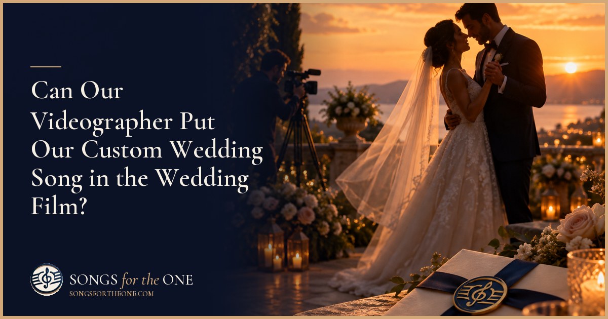 Couple and wedding videographer reviewing a printed film storyboard beside headphones and a laptop at a kitchen table.