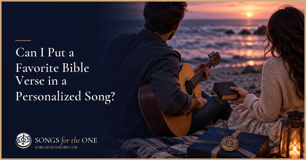 An open Bible, a notebook, and headphones beside a person preparing a faith-inspired song gift at a kitchen table.