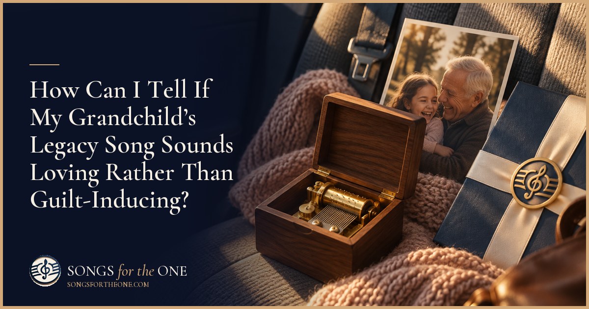 Grandparent listening to a song through headphones while reviewing handwritten notes beside a photograph of a grandchild.