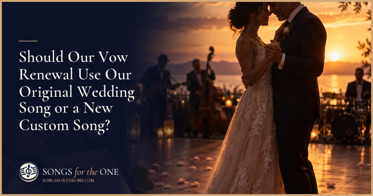 Couple choosing between a wedding-era record and an acoustic guitar beside an old wedding photograph and vow booklets.