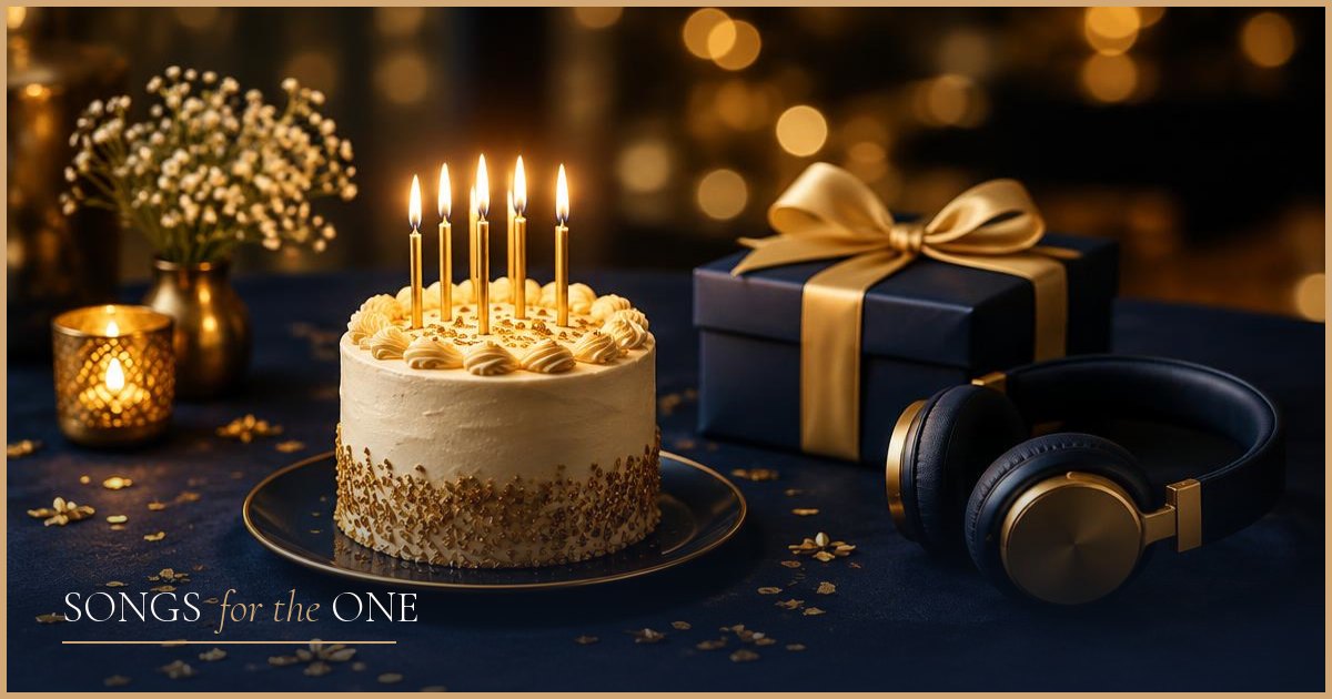 A birthday cake with lit candles beside a gift wrapped in gold ribbon and headphones