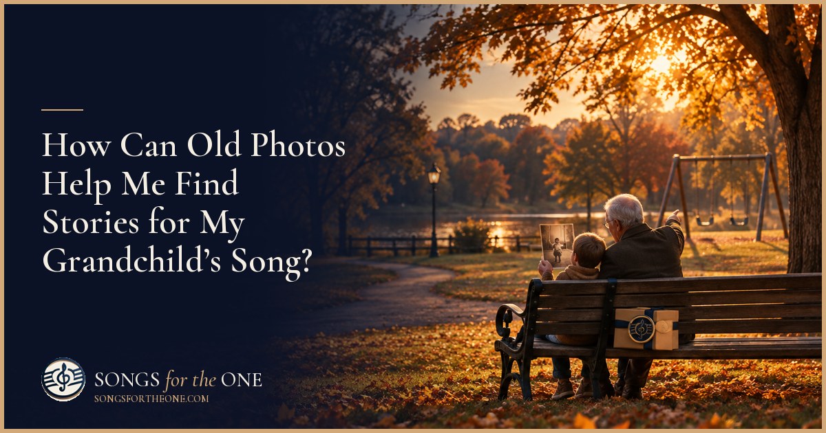 Grandparent looking through printed family photos beside a notebook, with one childhood snapshot set apart on a wooden table.