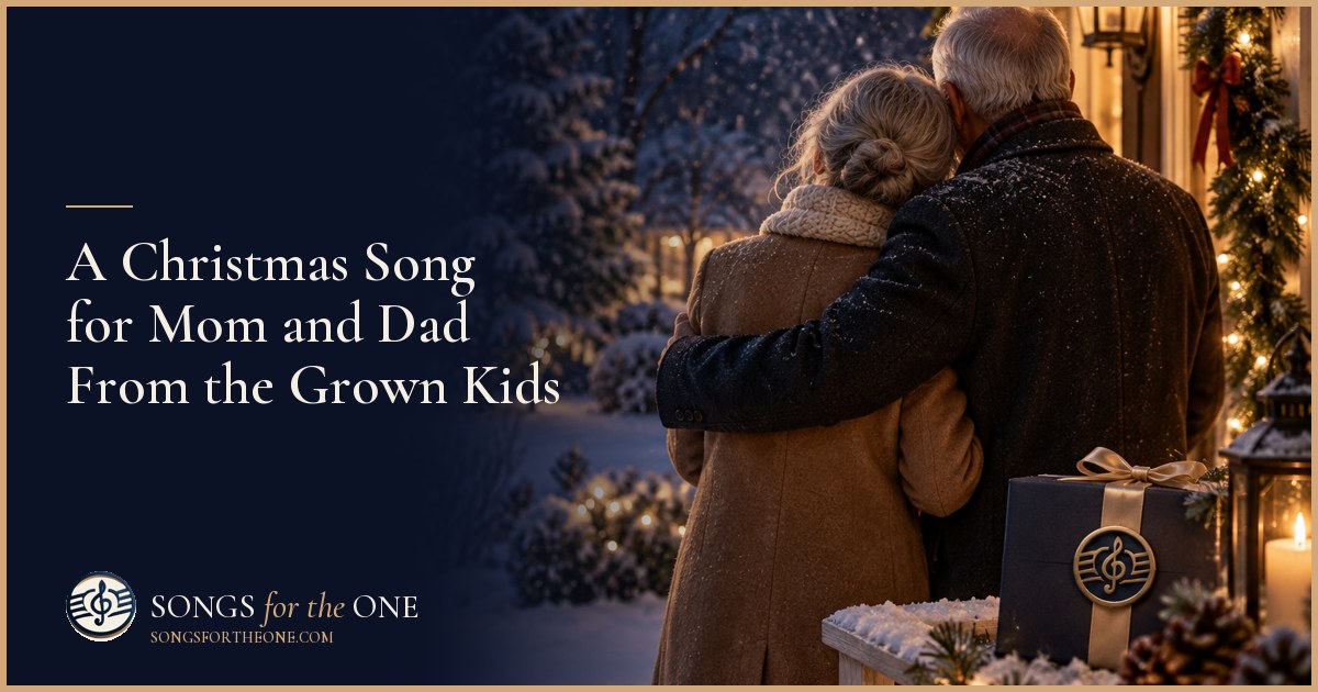 Grown siblings sitting beside their parents near a Christmas tree, sharing a song with a small speaker and family photo album.