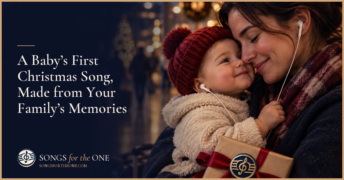 Parent holding a baby beside a Christmas tree while another parent places a keepsake ornament on a low branch