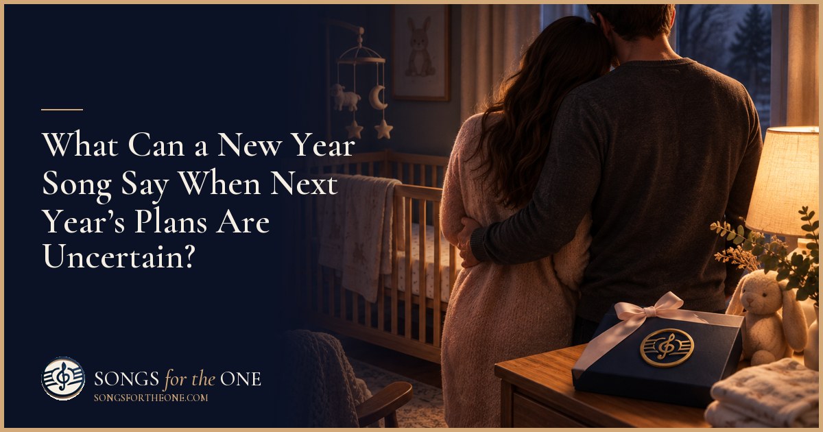 Two adults sitting together at a kitchen table on New Year’s Eve, with a closed planner and two mugs nearby.