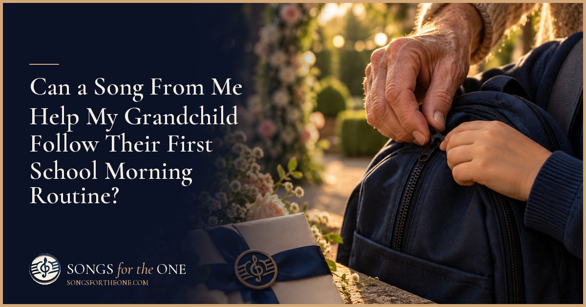 Grandparent and young grandchild practicing the school morning routine beside shoes and a backpack by the front door