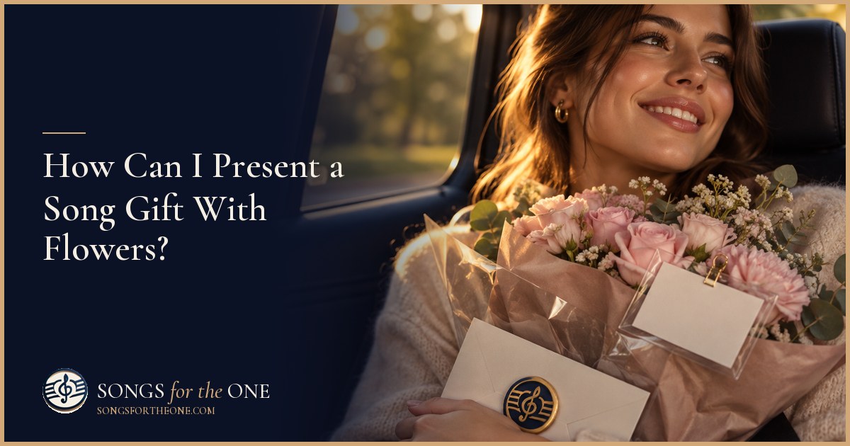 Hands attaching a small card in a clear protective sleeve to the dry outer ribbon of a flower bouquet beside a vase.