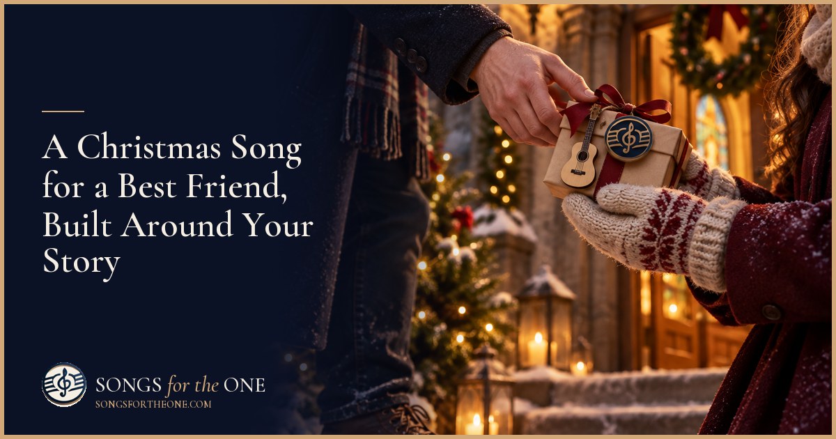 Two best friends listening together through shared earbuds beside a Christmas tree, with a photo album open on the table
