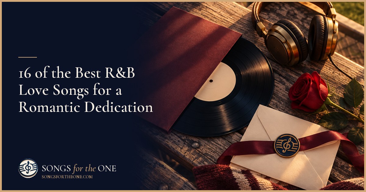 A couple slow dancing beside a record player and a small stack of soul and R&B records in a warmly lit living room.