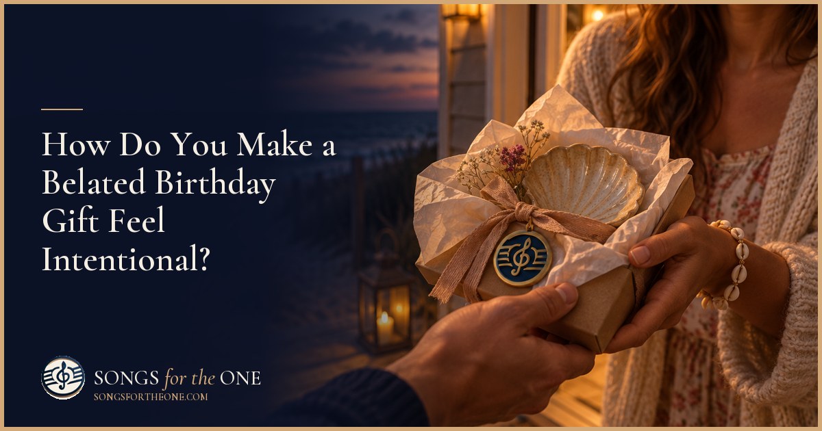 A person handing a small wrapped birthday gift and handwritten card to a friend across a kitchen table.