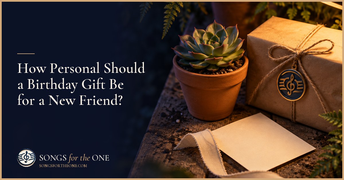 Two new friends at a cafe table, one offering a small wrapped birthday gift beside coffee cups and a potted herb.