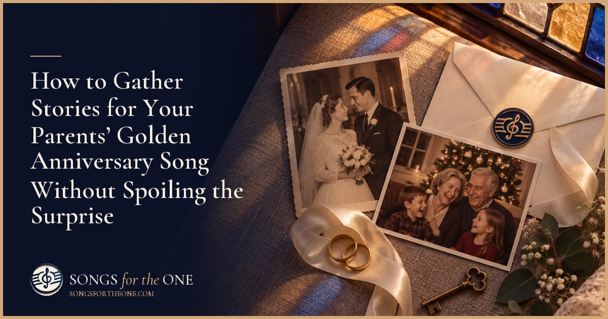 Adult siblings and an older relative quietly choosing family photographs for their parents’ golden anniversary song.