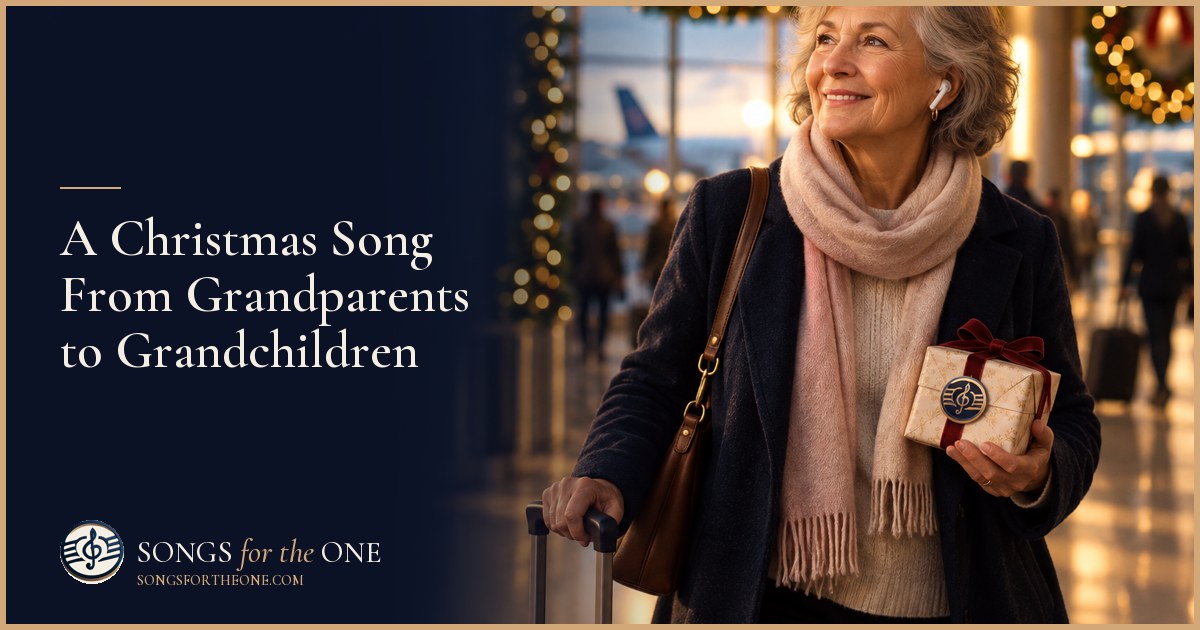 Grandparents sitting beside a Christmas tree, recording a spoken memory for a song for their grandchild