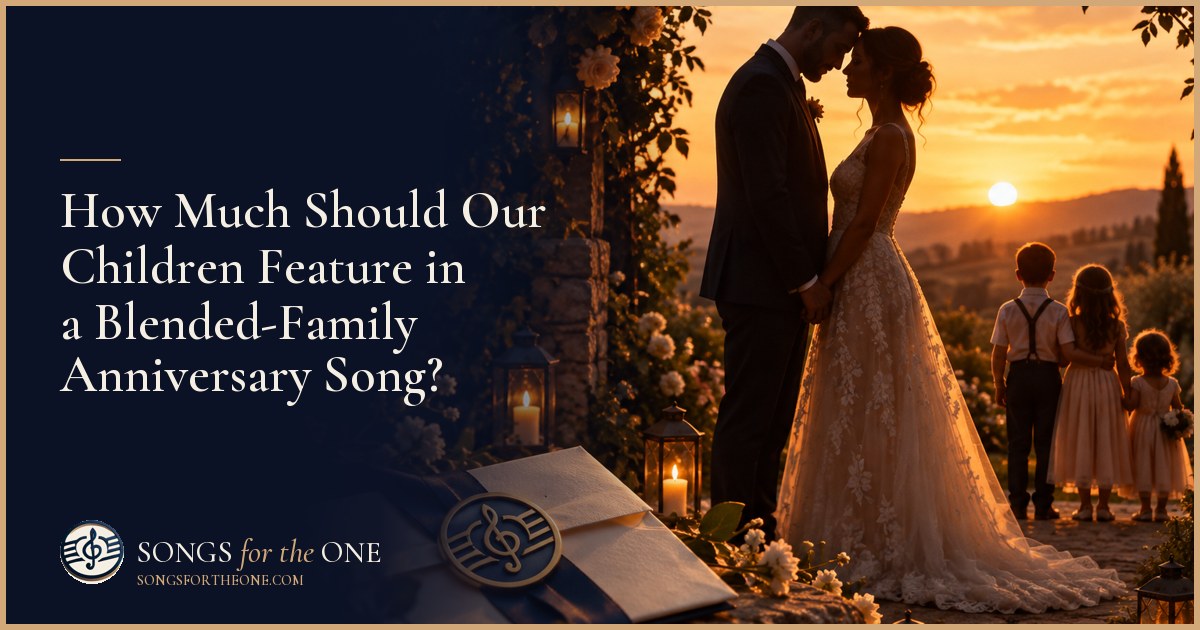 A couple choosing family photographs beside a wedding album while planning an anniversary song at their kitchen table.