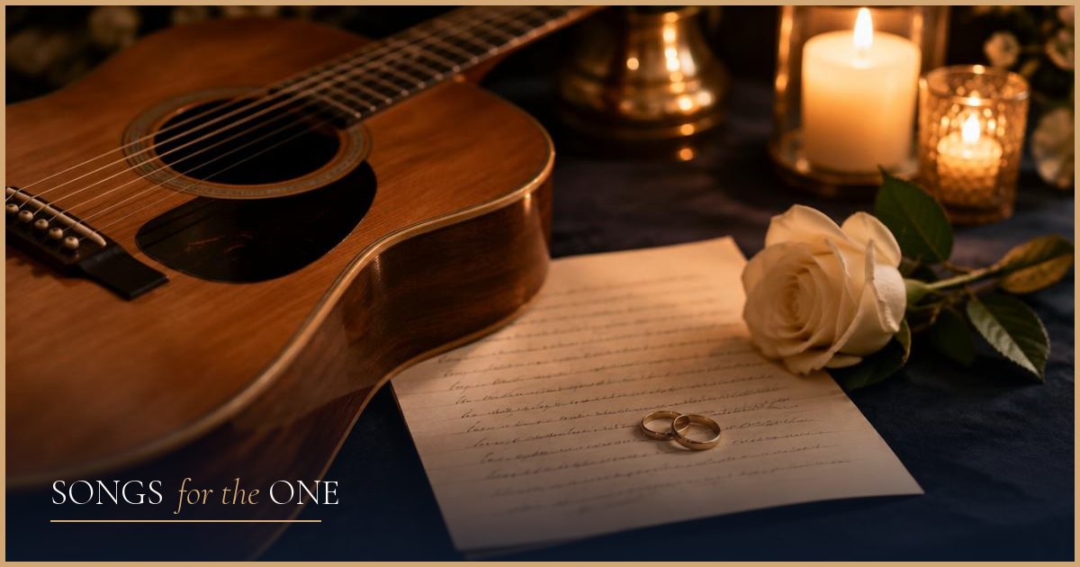 An acoustic guitar beside handwritten lyrics, wedding rings, and a white rose by candlelight