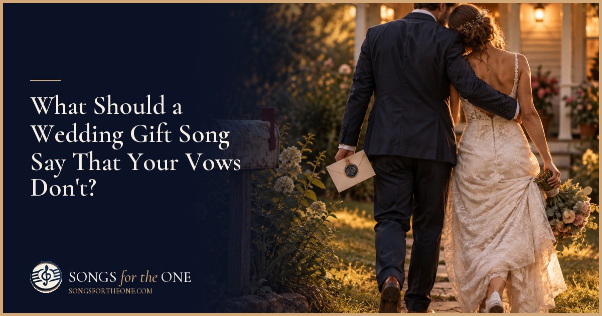 A partner arranging shared travel photos beside wedding vow booklets and headphones on a bedroom table.