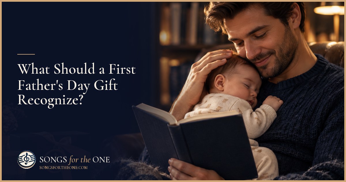 New father holding his baby beside a nursery chair, with a burp cloth on his shoulder and a handwritten gift card nearby.