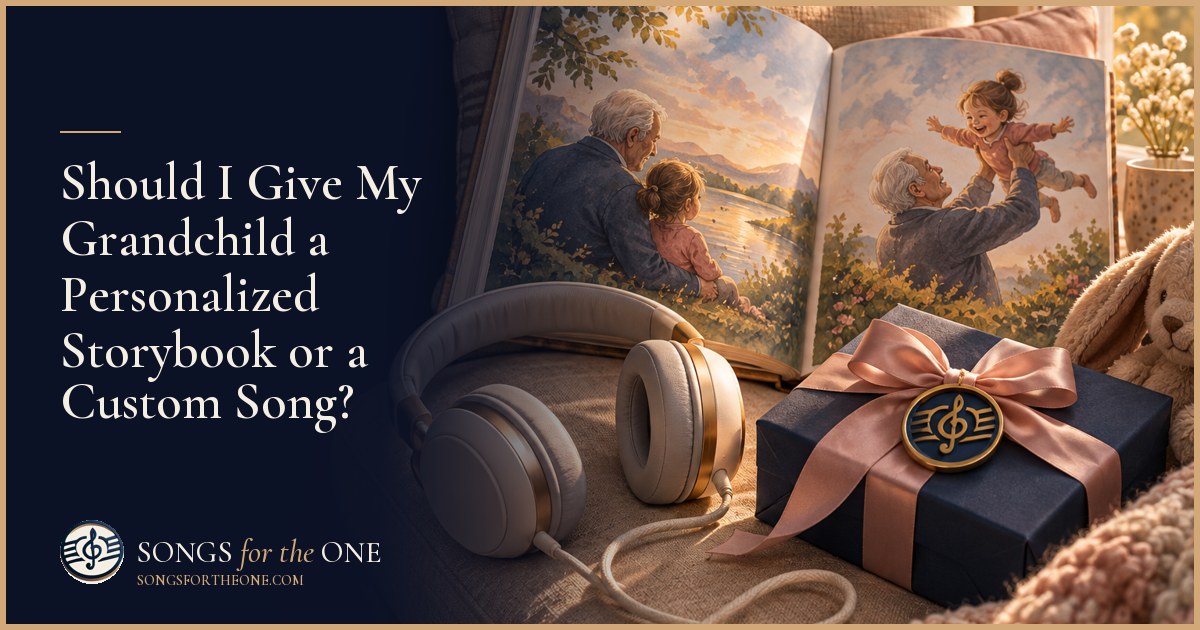 Grandparent and grandchild sharing an illustrated book beside headphones and family photographs at a kitchen table.